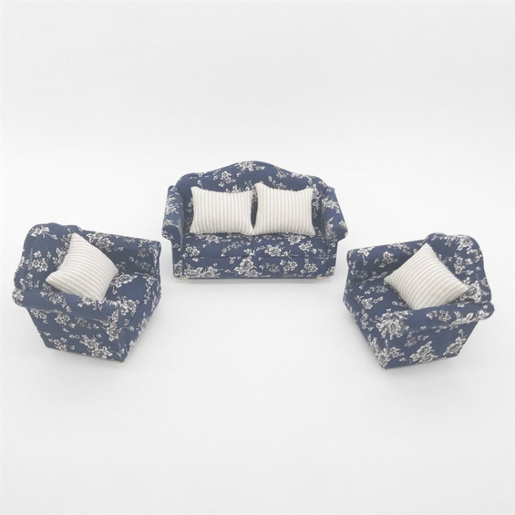 1:12 Doll House Furniture Decoration Three-piece Mimulation Sofa, Blue White Flower, Beautiful Flower Cluster, Fresh Big Flower Cluster, Water Jade, Square, Beautiful Vine