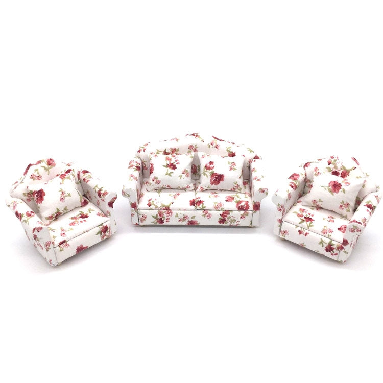 1:12 Doll House Furniture Decoration Three-piece Mimulation Sofa, Blue White Flower, Beautiful Flower Cluster, Fresh Big Flower Cluster, Water Jade, Square, Beautiful Vine
