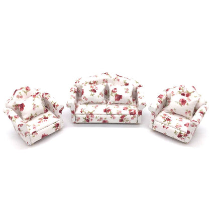 1:12 Doll House Furniture Decoration Three-piece Mimulation Sofa, Blue White Flower, Beautiful Flower Cluster, Fresh Big Flower Cluster, Water Jade, Square, Beautiful Vine