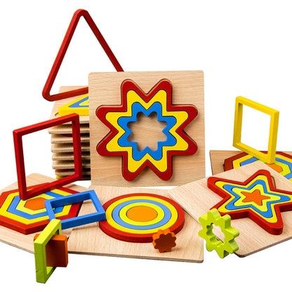 DIY Creative 3D Wooden Puzzle Geometry Shape Puzzle Children Educational Toys, Flower, Square, Oval, Polygon, Quadrilateral, Gear Shape, Round, Hexagon, Triangle, Pentagram