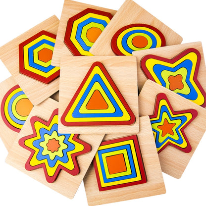 DIY Creative 3D Wooden Puzzle Geometry Shape Puzzle Children Educational Toys, Flower, Square, Oval, Polygon, Quadrilateral, Gear Shape, Round, Hexagon, Triangle, Pentagram