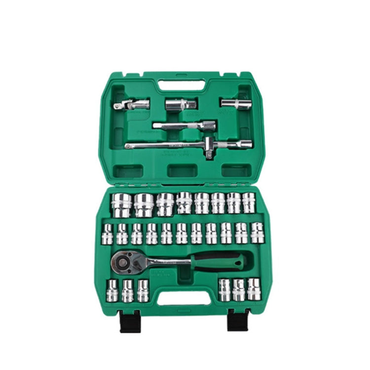TUOSEN 32 In 1 Sleeve Combination Tool Auto Repair Tool Casing Wrench Set, Mirror, Green Belt