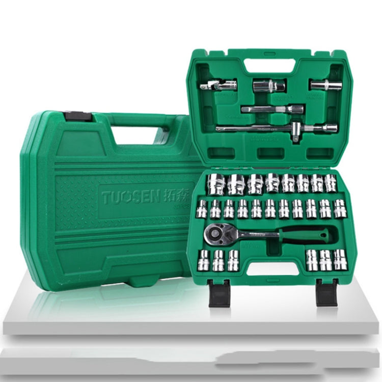 TUOSEN 32 In 1 Sleeve Combination Tool Auto Repair Tool Casing Wrench Set, Mirror, Green Belt