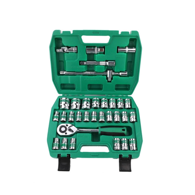 TUOSEN 32 In 1 Sleeve Combination Tool Auto Repair Tool Casing Wrench Set, Mirror, Green Belt