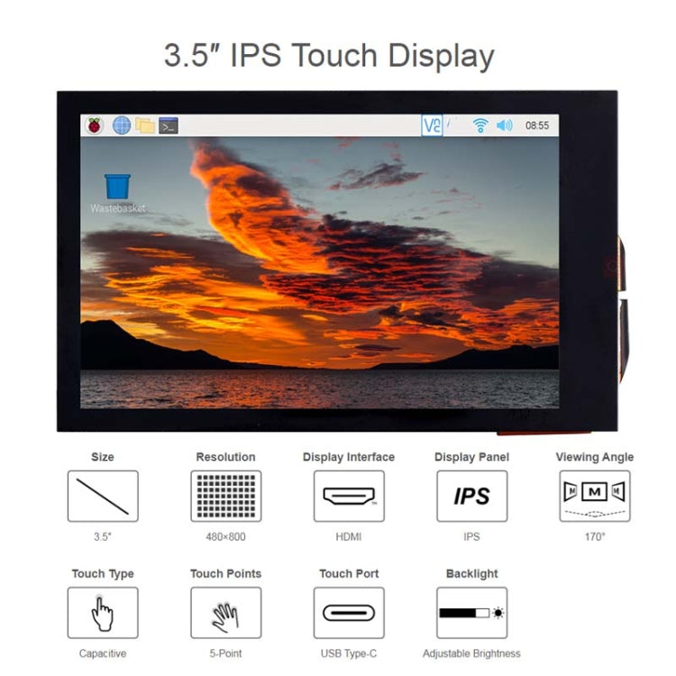 Écran LCD tactile capacitif IPS Waveshare 3,5 pouces 480x800 pour Raspberry Pi, interface HDMI, 3,5 pouces