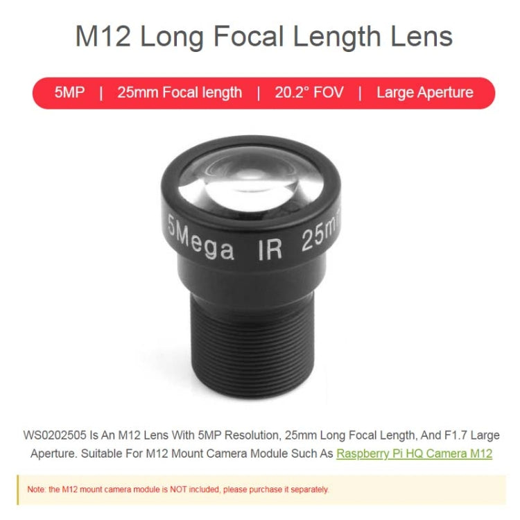 Waveshare WS0202505 For Raspberry Pi M12 Camera Lens ,5MP, 25mm Focal Length,Large Aperture,24054, 24054