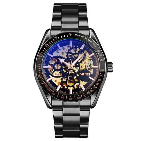 SKMEI 9194 Montre automatique squelette mécanique pour homme, bracelet en acier, noir, argenté, cadran noir doré, or rose, cadran or doré
