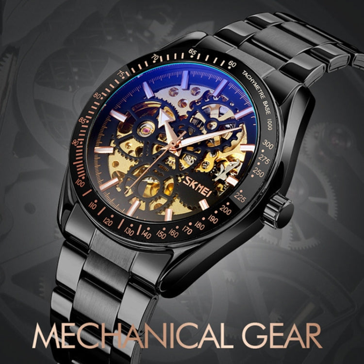 SKMEI 9194 Montre automatique squelette mécanique pour homme, bracelet en acier, noir, argenté, cadran noir doré, or rose, cadran or doré