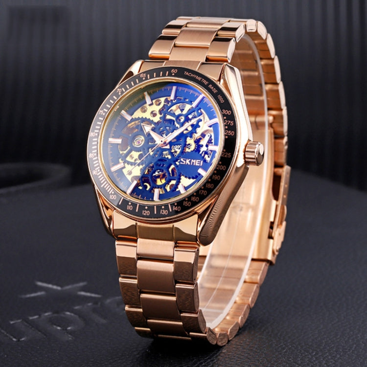 SKMEI 9194 Montre automatique squelette mécanique pour homme, bracelet en acier, noir, argenté, cadran noir doré, or rose, cadran or doré