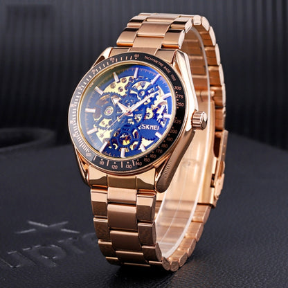 SKMEI 9194 Montre automatique squelette mécanique pour homme, bracelet en acier, noir, argenté, cadran noir doré, or rose, cadran or doré
