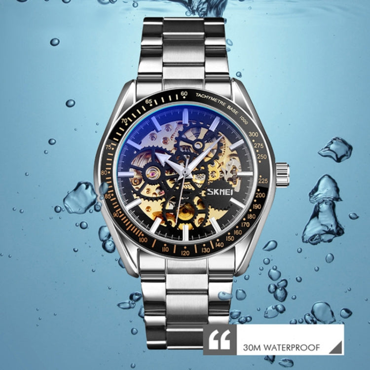 SKMEI 9194 Montre automatique squelette mécanique pour homme, bracelet en acier, noir, argenté, cadran noir doré, or rose, cadran or doré