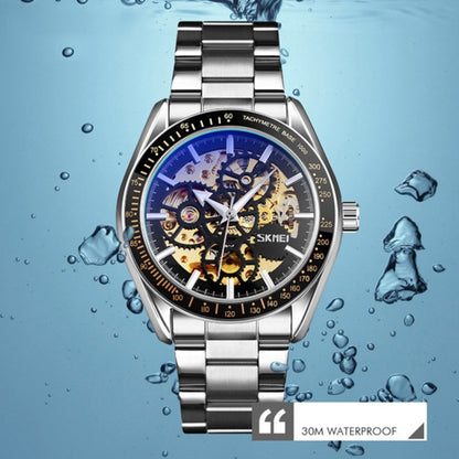 SKMEI 9194 Montre automatique squelette mécanique pour homme, bracelet en acier, noir, argenté, cadran noir doré, or rose, cadran or doré