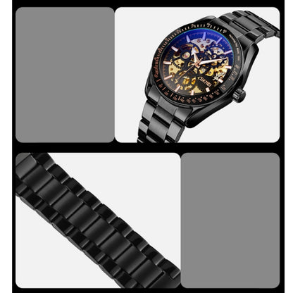 SKMEI 9194 Montre automatique squelette mécanique pour homme, bracelet en acier, noir, argenté, cadran noir doré, or rose, cadran or doré