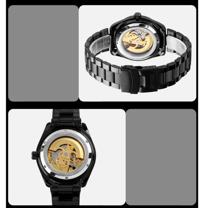 SKMEI 9194 Montre automatique squelette mécanique pour homme, bracelet en acier, noir, argenté, cadran noir doré, or rose, cadran or doré