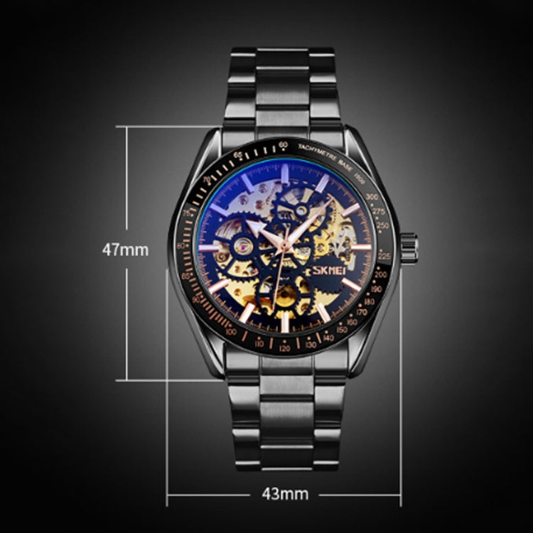 SKMEI 9194 Montre automatique squelette mécanique pour homme, bracelet en acier, noir, argenté, cadran noir doré, or rose, cadran or doré
