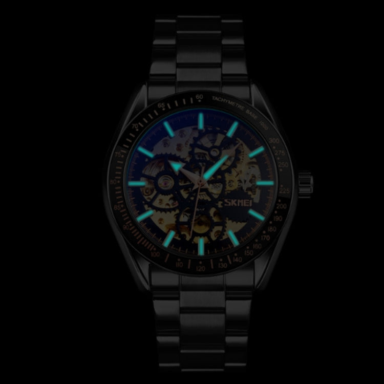 SKMEI 9194 Montre automatique squelette mécanique pour homme, bracelet en acier, noir, argenté, cadran noir doré, or rose, cadran or doré
