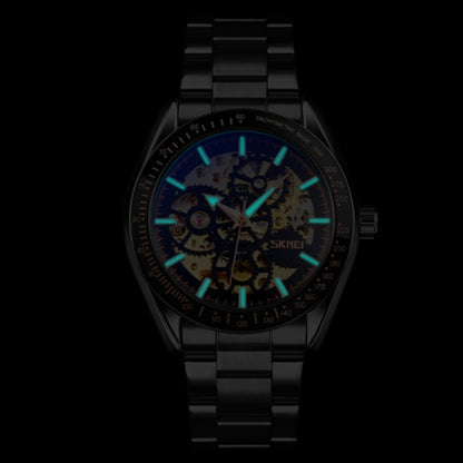 SKMEI 9194 Montre automatique squelette mécanique pour homme, bracelet en acier, noir, argenté, cadran noir doré, or rose, cadran or doré