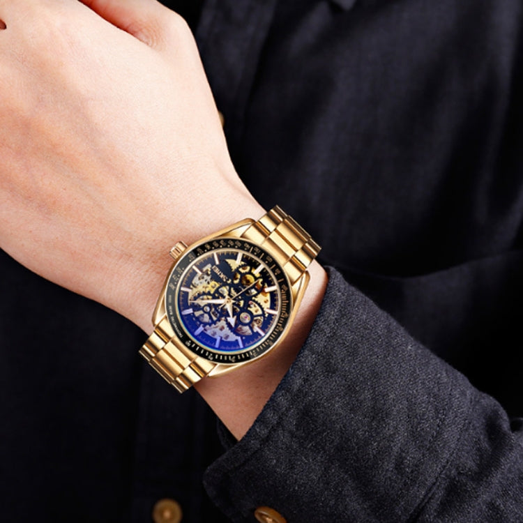 SKMEI 9194 Montre automatique squelette mécanique pour homme, bracelet en acier, noir, argenté, cadran noir doré, or rose, cadran or doré
