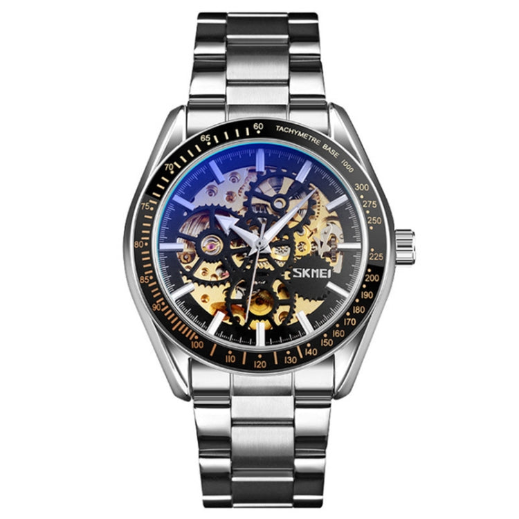 SKMEI 9194 Montre automatique squelette mécanique pour homme, bracelet en acier, noir, argenté, cadran noir doré, or rose, cadran or doré
