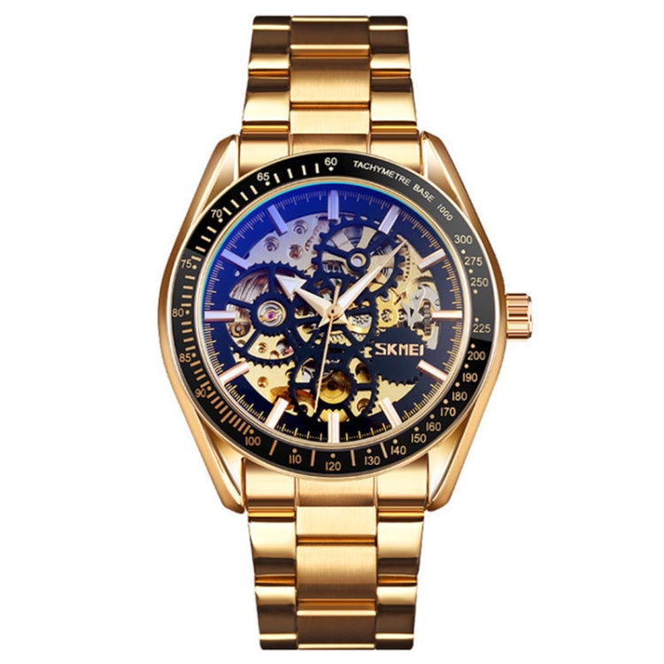 SKMEI 9194 Montre automatique squelette mécanique pour homme, bracelet en acier, noir, argenté, cadran noir doré, or rose, cadran or doré