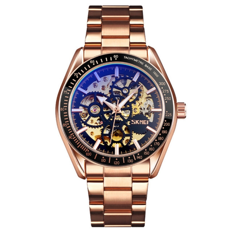 SKMEI 9194 Montre automatique squelette mécanique pour homme, bracelet en acier, noir, argenté, cadran noir doré, or rose, cadran or doré