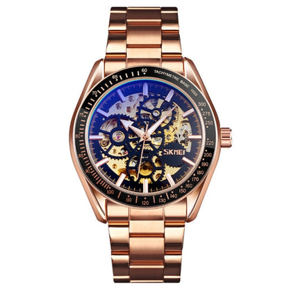 SKMEI 9194 Montre automatique squelette mécanique pour homme, bracelet en acier, noir, argenté, cadran noir doré, or rose, cadran or doré