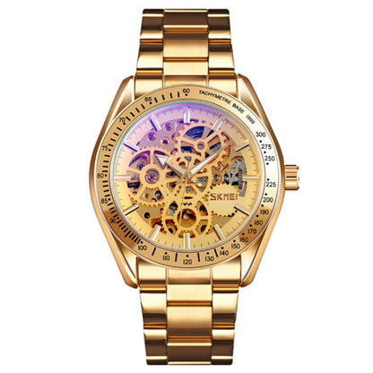 SKMEI 9194 Montre automatique squelette mécanique pour homme, bracelet en acier, noir, argenté, cadran noir doré, or rose, cadran or doré