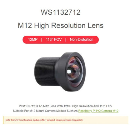 Waveshare WS1132712 Pour Raspberry Pi Objectif Haute Résolution M12, 12MP, 113 Degrés FOV, Distance Focale 2.7mm,23965, 23965