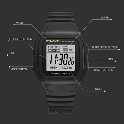 Montre électronique multifonctionnelle de sport étanche et antichoc SYNOKE 9023B, noire, argentée, dorée