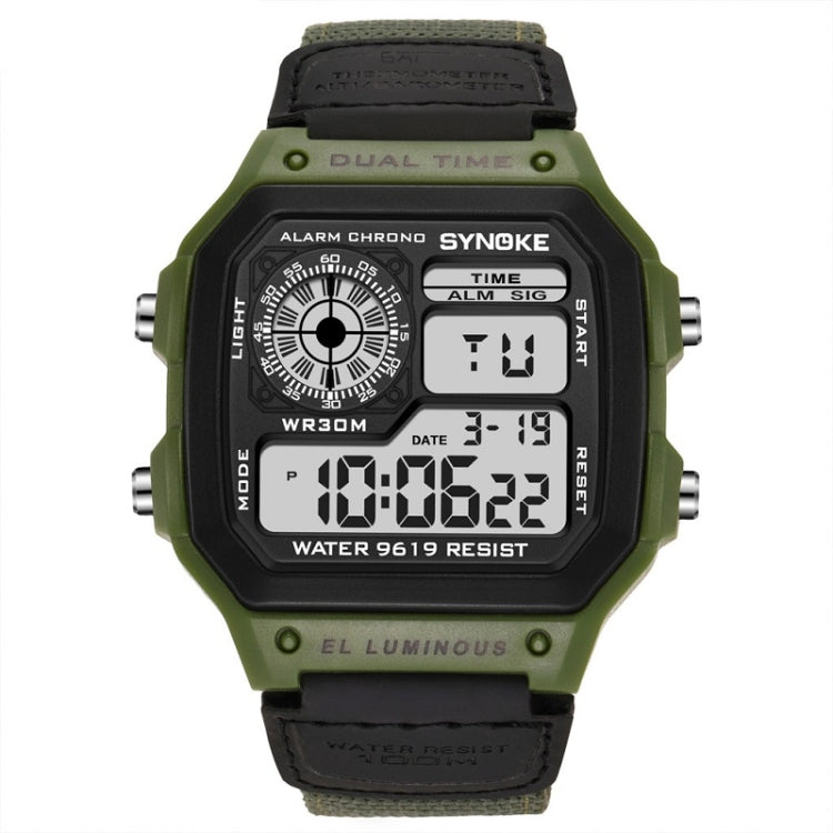 Montre numérique étanche lumineuse SYNOKE 9619B avec bracelet en toile nylon, Tête verte bracelet vert, Tête verte bracelet noir, Tête noire bracelet noire, Tête noire bracelet vert