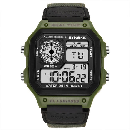 Montre numérique étanche lumineuse SYNOKE 9619B avec bracelet en toile nylon, Tête verte bracelet vert, Tête verte bracelet noir, Tête noire bracelet noire, Tête noire bracelet vert