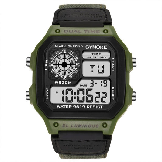 SYNOKE 9619B Nylon Canvas Strap Luminous Waterproof Digital Watch, Green Head Green Belt, Green Head Black Belt, Black Head Black Belt, Black Head Green Belt