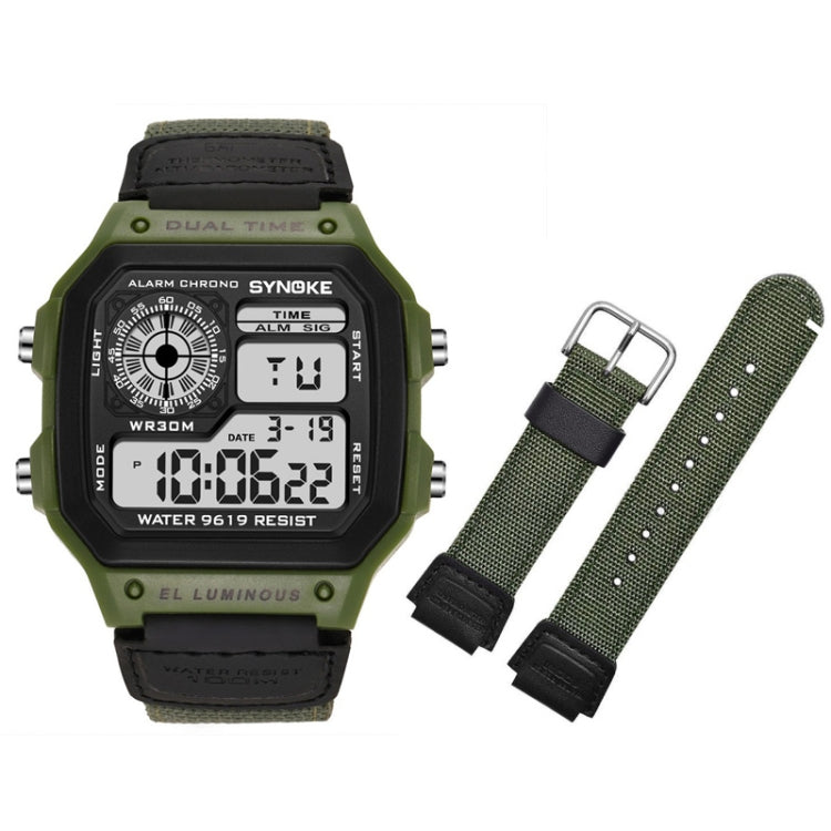 Montre numérique étanche lumineuse SYNOKE 9619B avec bracelet en toile nylon, Tête verte bracelet vert, Tête verte bracelet noir, Tête noire bracelet noire, Tête noire bracelet vert