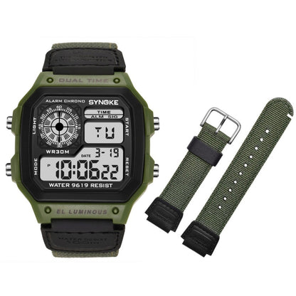 Montre numérique étanche lumineuse SYNOKE 9619B avec bracelet en toile nylon, Tête verte bracelet vert, Tête verte bracelet noir, Tête noire bracelet noire, Tête noire bracelet vert