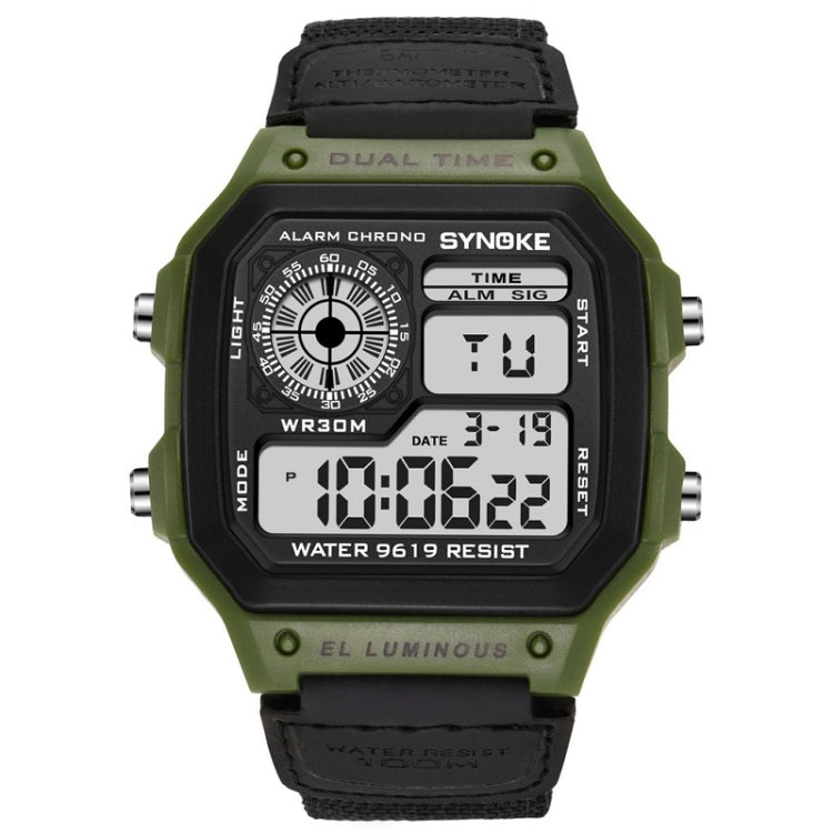 Montre numérique étanche lumineuse SYNOKE 9619B avec bracelet en toile nylon, Tête verte bracelet vert, Tête verte bracelet noir, Tête noire bracelet noire, Tête noire bracelet vert