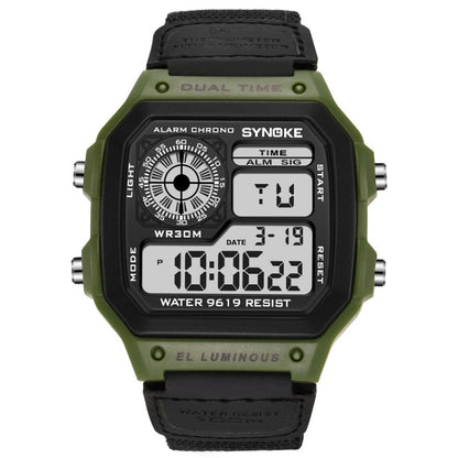 Montre numérique étanche lumineuse SYNOKE 9619B avec bracelet en toile nylon, Tête verte bracelet vert, Tête verte bracelet noir, Tête noire bracelet noire, Tête noire bracelet vert