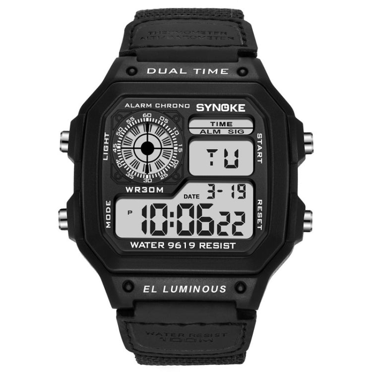 Montre numérique étanche lumineuse SYNOKE 9619B avec bracelet en toile nylon, Tête verte bracelet vert, Tête verte bracelet noir, Tête noire bracelet noire, Tête noire bracelet vert