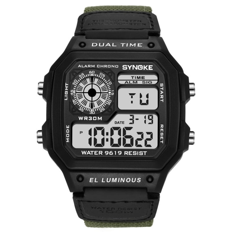 Montre numérique étanche lumineuse SYNOKE 9619B avec bracelet en toile nylon, Tête verte bracelet vert, Tête verte bracelet noir, Tête noire bracelet noire, Tête noire bracelet vert