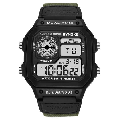 Montre numérique étanche lumineuse SYNOKE 9619B avec bracelet en toile nylon, Tête verte bracelet vert, Tête verte bracelet noir, Tête noire bracelet noire, Tête noire bracelet vert