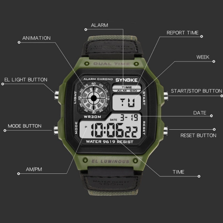 Montre numérique étanche lumineuse SYNOKE 9619B avec bracelet en toile nylon, Tête verte bracelet vert, Tête verte bracelet noir, Tête noire bracelet noire, Tête noire bracelet vert