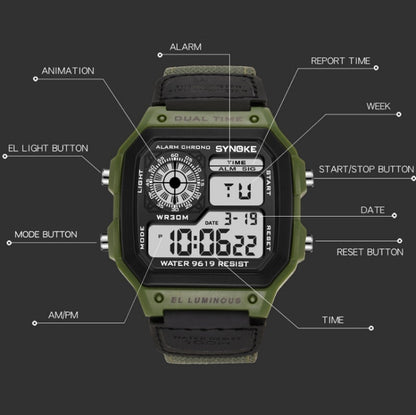 Montre numérique étanche lumineuse SYNOKE 9619B avec bracelet en toile nylon, Tête verte bracelet vert, Tête verte bracelet noir, Tête noire bracelet noire, Tête noire bracelet vert
