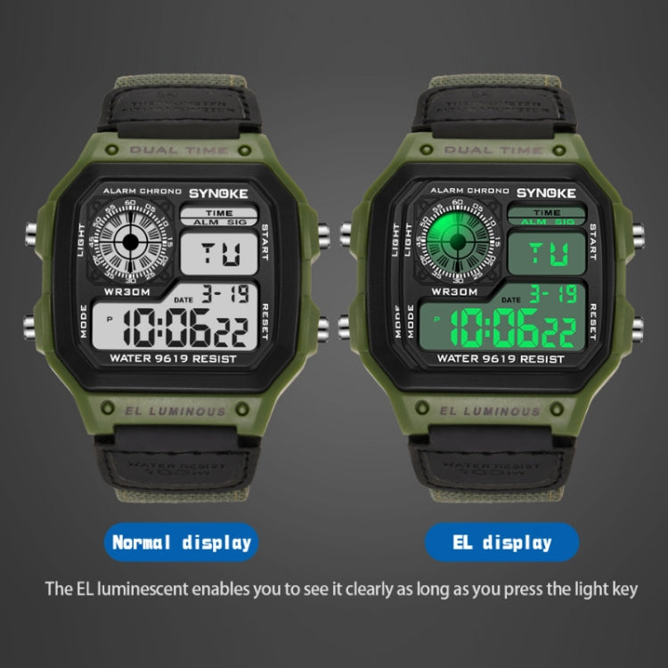 Montre numérique étanche lumineuse SYNOKE 9619B avec bracelet en toile nylon, Tête verte bracelet vert, Tête verte bracelet noir, Tête noire bracelet noire, Tête noire bracelet vert