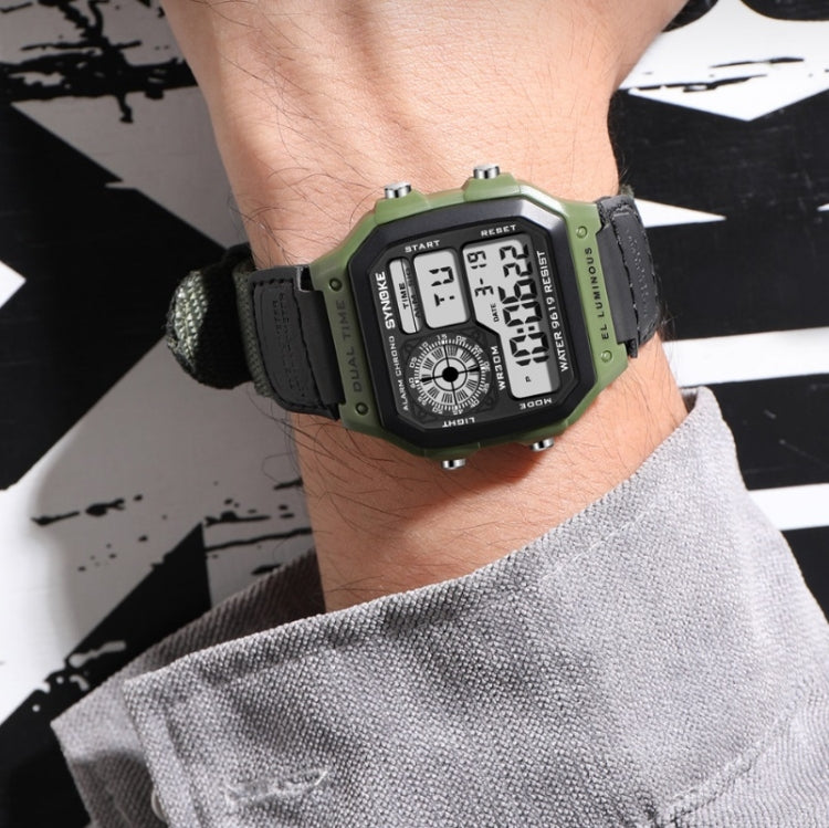 Montre numérique étanche lumineuse SYNOKE 9619B avec bracelet en toile nylon, Tête verte bracelet vert, Tête verte bracelet noir, Tête noire bracelet noire, Tête noire bracelet vert