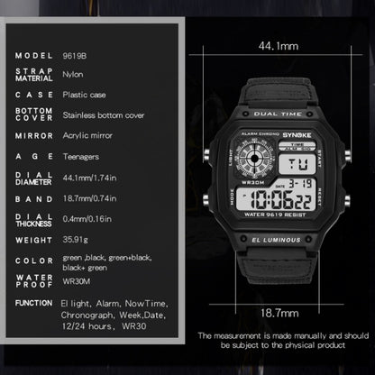 Montre numérique étanche lumineuse SYNOKE 9619B avec bracelet en toile nylon, Tête verte bracelet vert, Tête verte bracelet noir, Tête noire bracelet noire, Tête noire bracelet vert