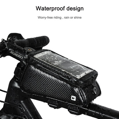 Rhinowalk Bicycle Front Tube Bag Waterproof Mobile Phone Touch Screen Multi-function Bicycle Handlebar Bag, Carbon Fiber Black, Matt Black