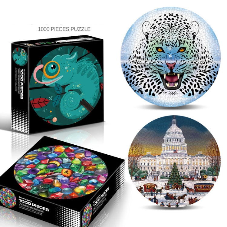 Casse-tête rond et irrégulier de 1000 pièces, Feux d'artifice colorés, Fleurs porte-bonheur, Lion, Espaces, Mars, Noël californien, Caméléon, Gemme, Citrouille d'Halloween, Méduse, Tigre blanc, Sky City, Araignée
