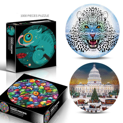 Casse-tête rond et irrégulier de 1000 pièces, Feux d'artifice colorés, Fleurs porte-bonheur, Lion, Espaces, Mars, Noël californien, Caméléon, Gemme, Citrouille d'Halloween, Méduse, Tigre blanc, Sky City, Araignée