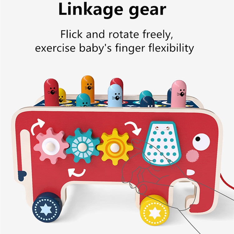 Baby Percussion Wooden Elephant Drag Cart Hitting Hamster Children Educational Toys, Red Elephant, Blue Elephant