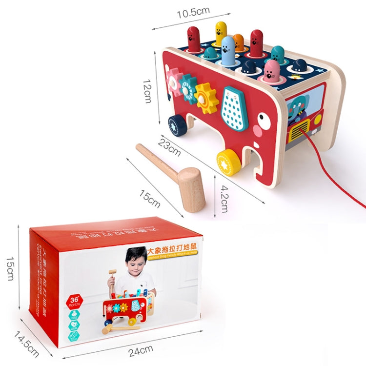 Baby Percussion Wooden Elephant Drag Cart Hitting Hamster Children Educational Toys, Red Elephant, Blue Elephant