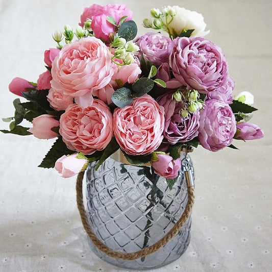 5 PCS Fleurs Artificielles Rose Petit Bouquet Flores Décoration de Fête de Mariage Fausse Fleur, Jaune, Blanc, Violet, Magenta, Rose, Rose et Magenta, Bleu